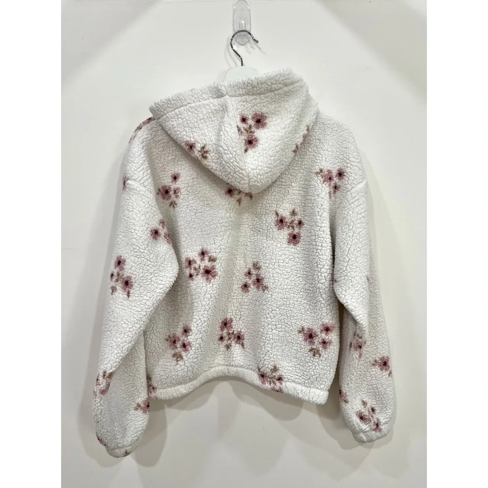 H&M Kids Floral Teddy Fleece Hooded Jacket White Pink Flowers Size 14/16 XL